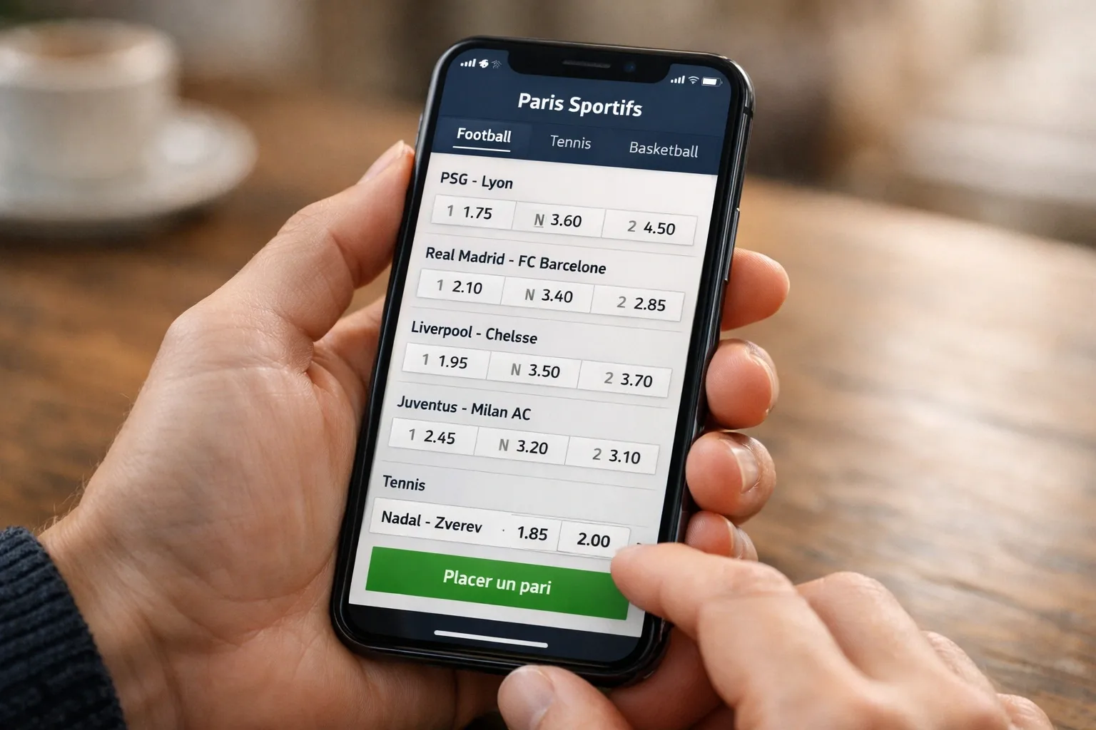 Gros plan sur des mains tenant un smartphone affichant des cotes de paris sportifs