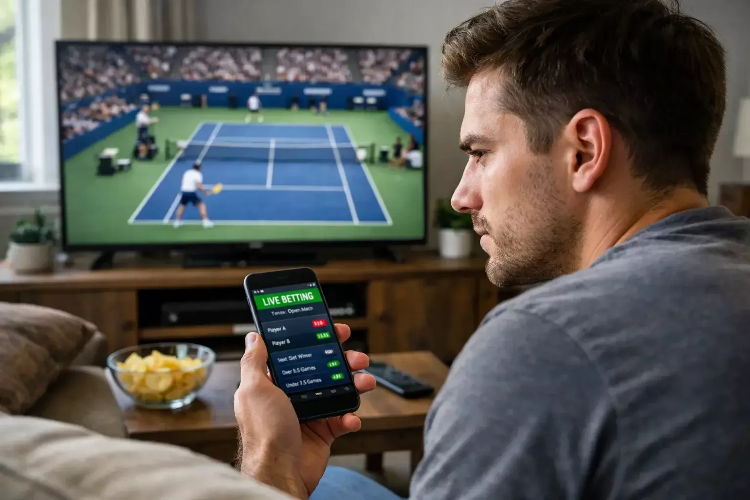 Parieur analysant un match de tennis en direct sur son écran