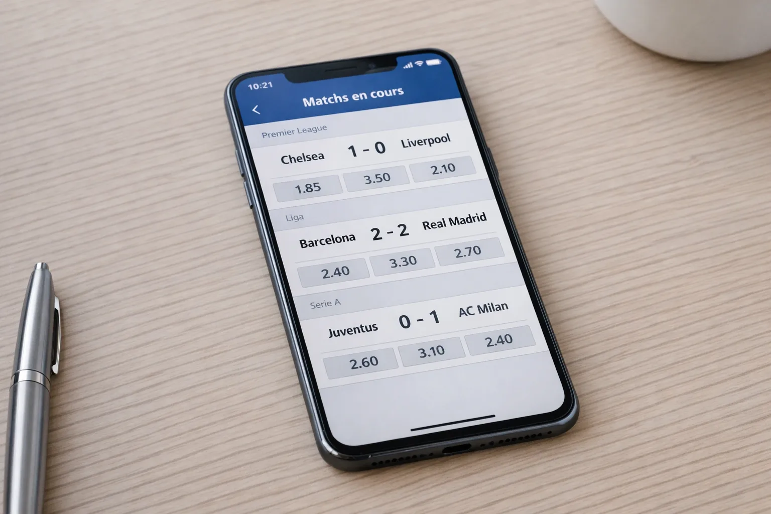 Smartphone posé sur une table affichant une application de paris sportifs avec des matchs en direct