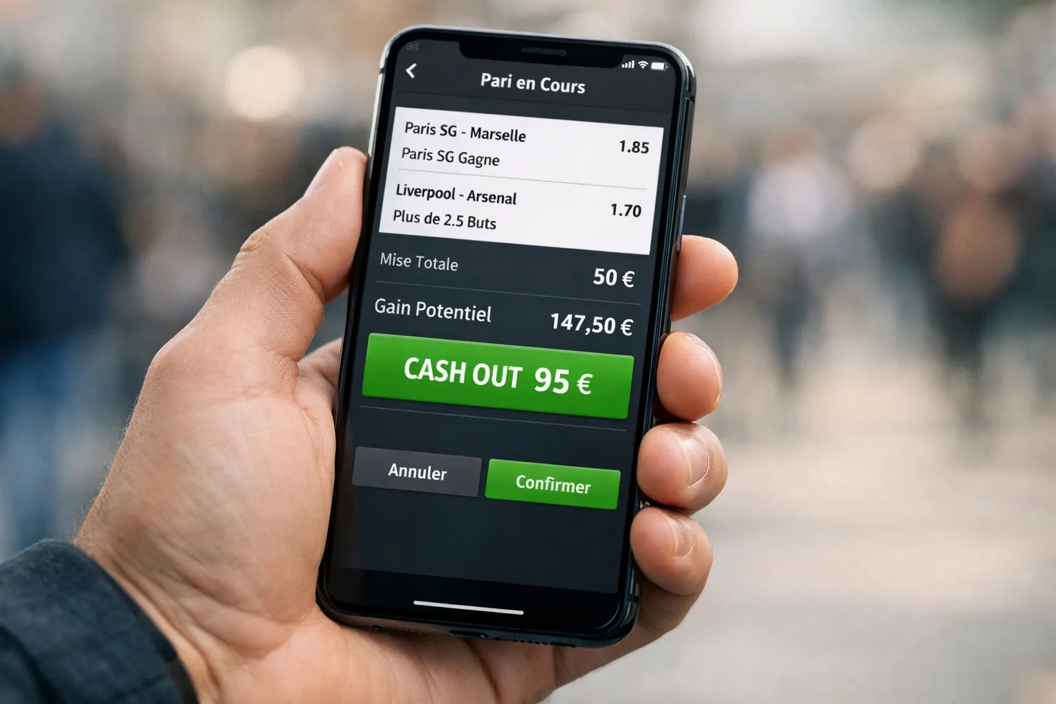 Main tenant un smartphone avec une application de paris sportifs ouverte