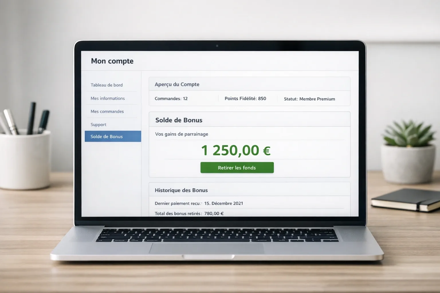 Écran de compte utilisateur montrant un solde de bonus accumulés grâce au parrainage