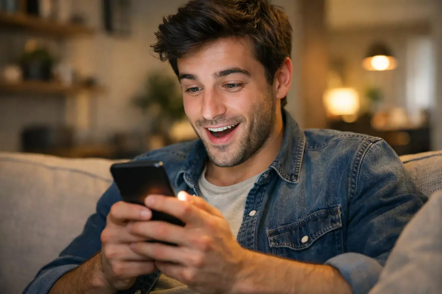 Jeune homme découvrant une offre promotionnelle sur son smartphone avec une expression de surprise positive