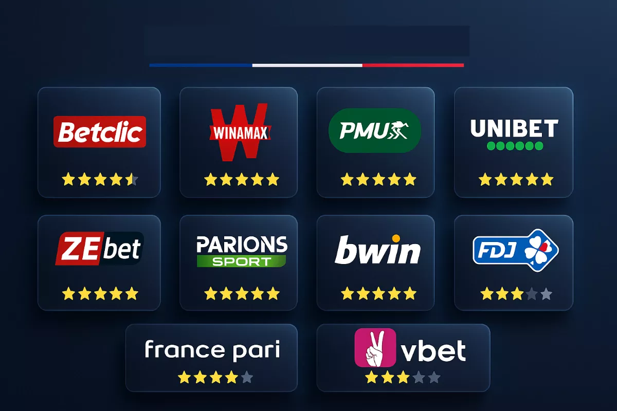 Top 10 des bookmakers français avec leurs logos et évaluations par étoiles