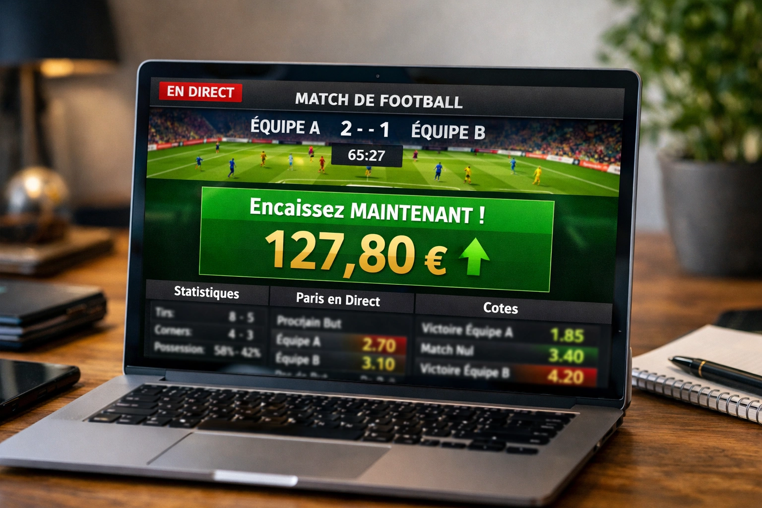 Écran montrant l'évolution du montant de cash out pendant un match en direct
