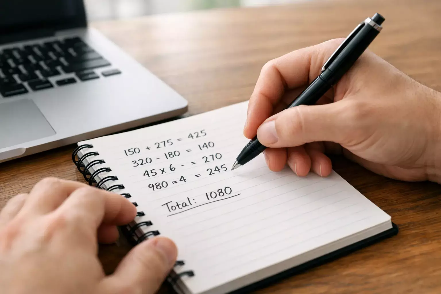 Personne prenant des notes avec un stylo sur un carnet à côté d'un ordinateur portable