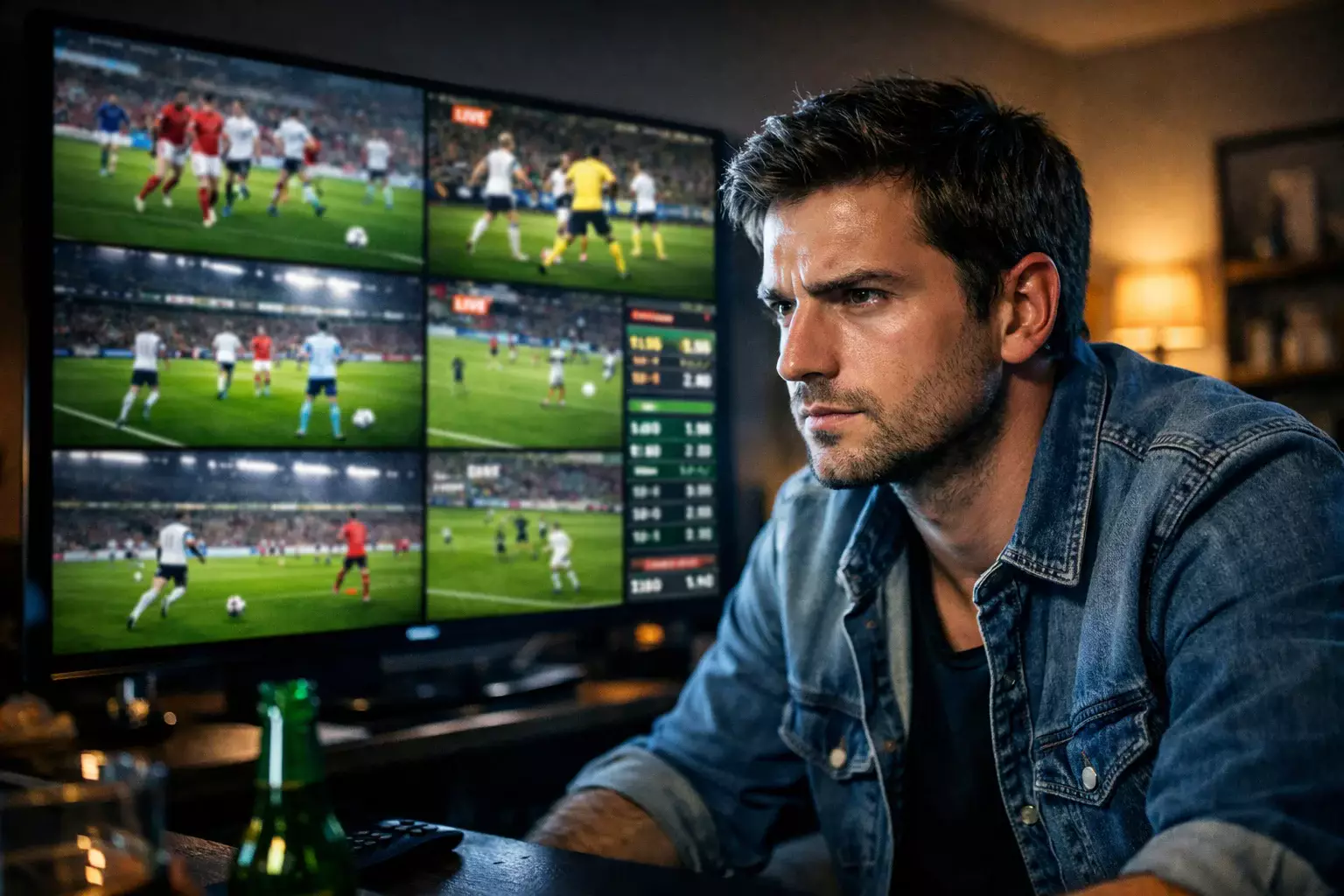 Parieur concentré surveillant plusieurs matchs en cours sur son écran