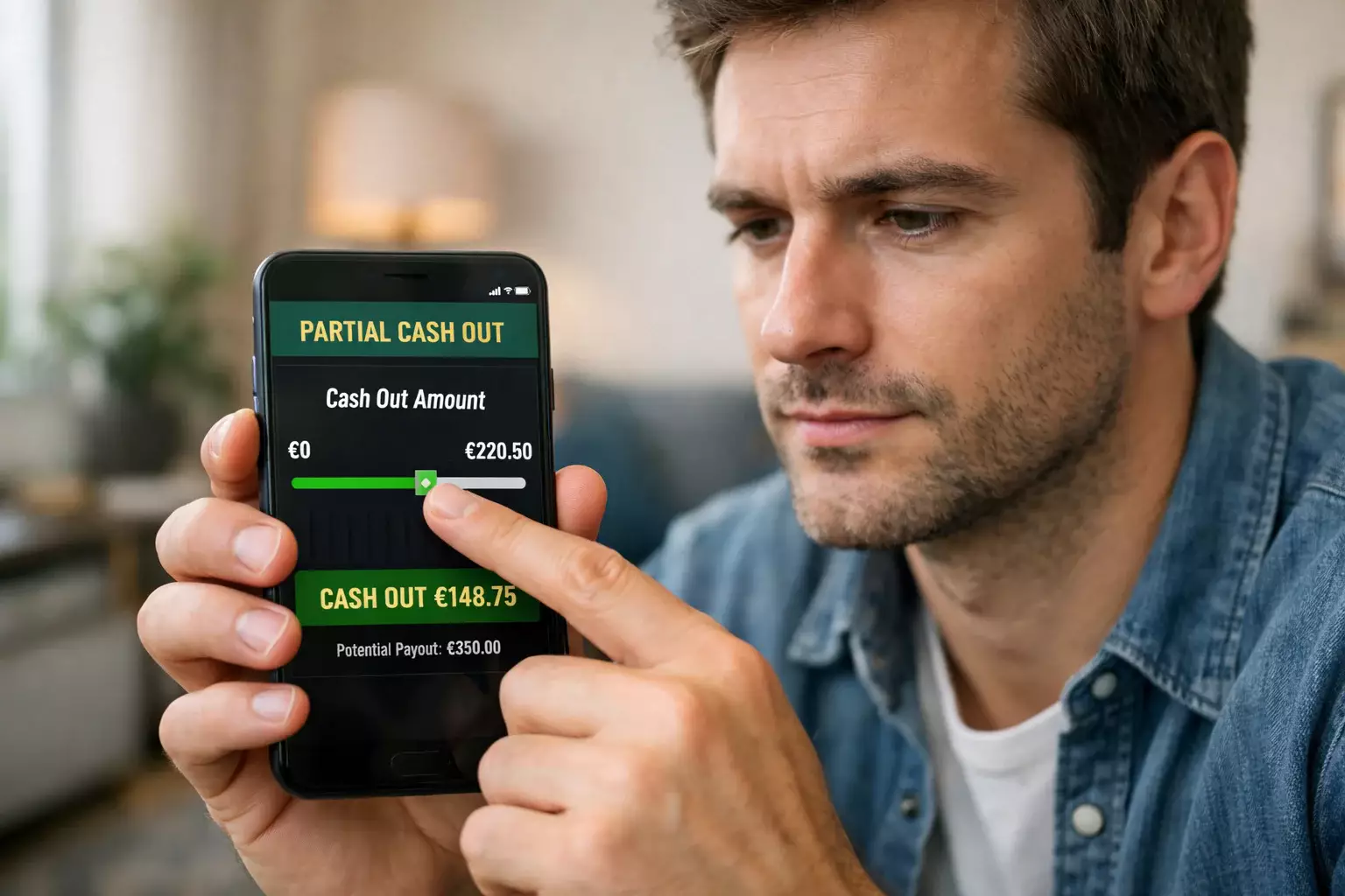 Parieur ajustant un curseur de cash out partiel sur son application de paris