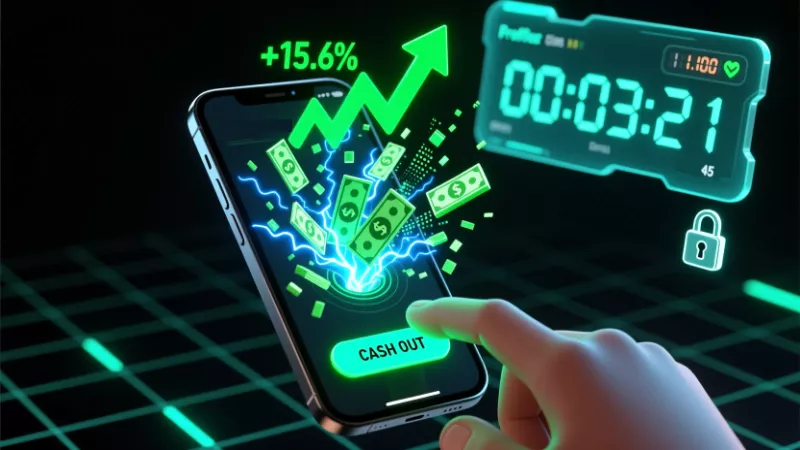 Interface de cash out sur mobile avec bouton lumineux et visualisation des gains sécurisés