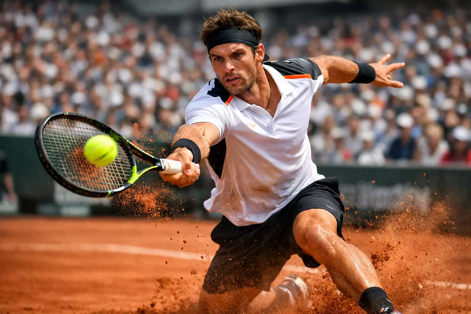 Joueur de tennis en action sur le court avec spectateurs en arrière-plan