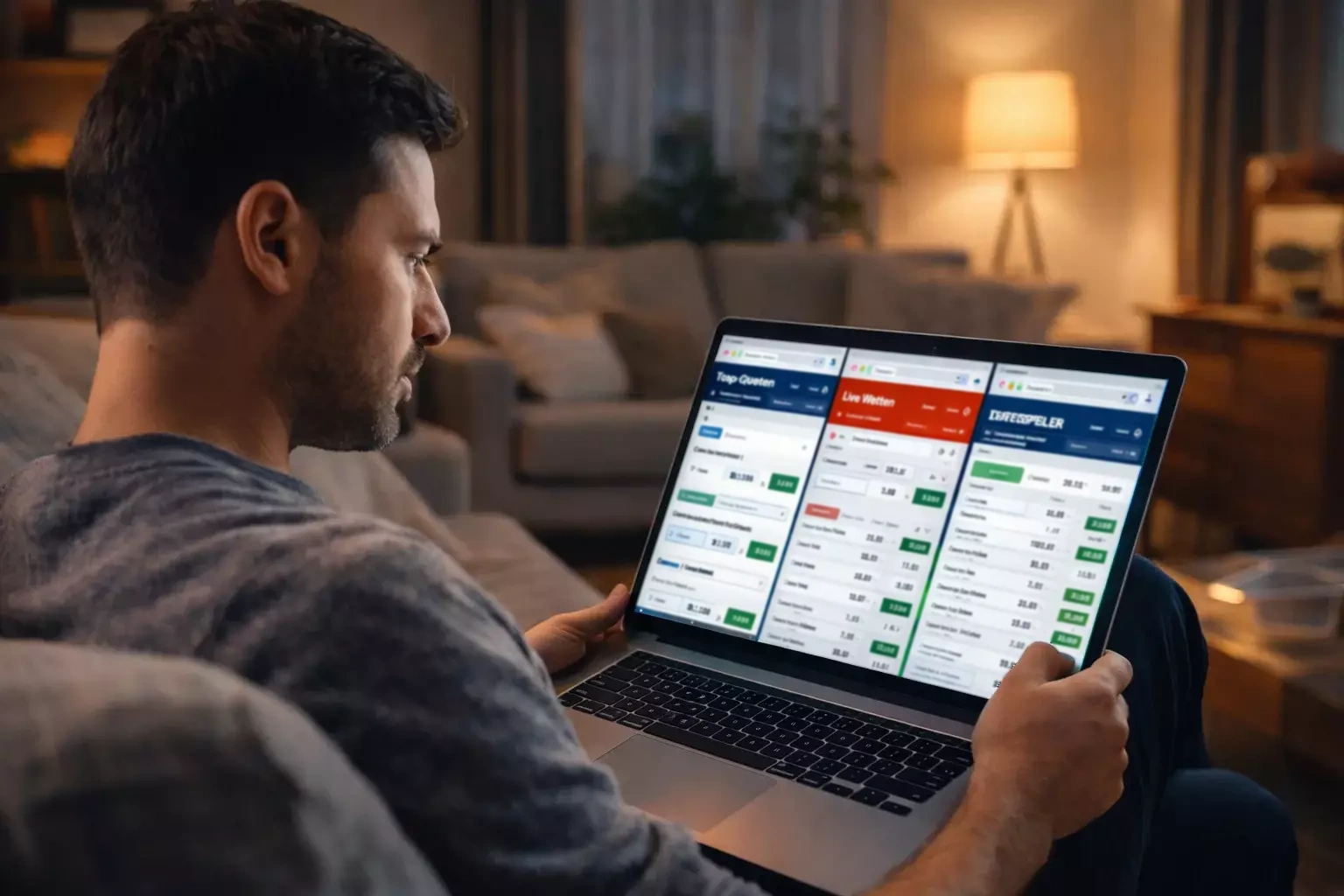 Homme concentré comparant plusieurs sites web de paris sportifs sur son ordinateur portable