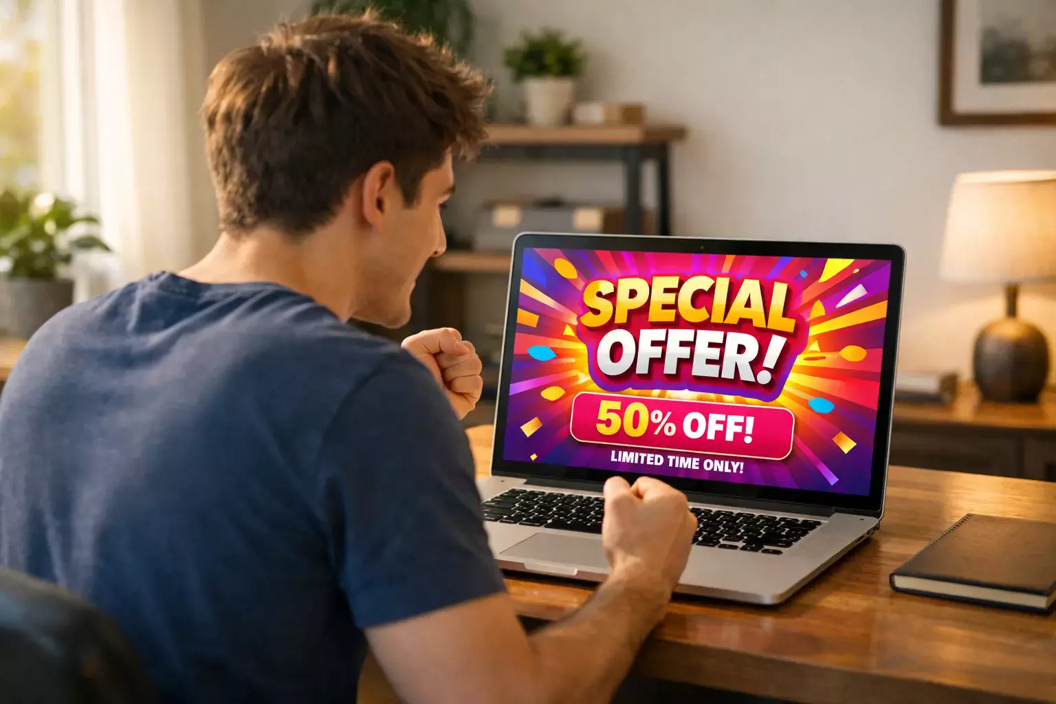 Parieur enthousiaste découvrant une offre promotionnelle attractive sur son ordinateur portable