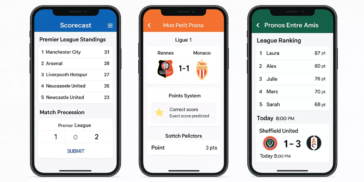 Comparatif des trois meilleures applications de pronos : Scorecast, Mon Petit Prono et Pronos Entre Amis