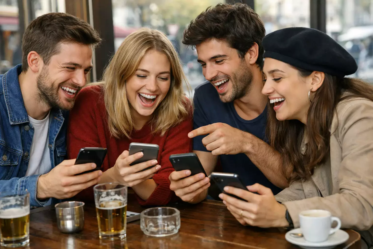 Groupe d'amis comparant leurs pronostics sur leurs smartphones