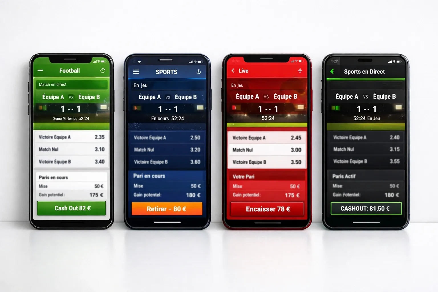 Quatre smartphones côte à côte affichant différentes applications de paris sportifs