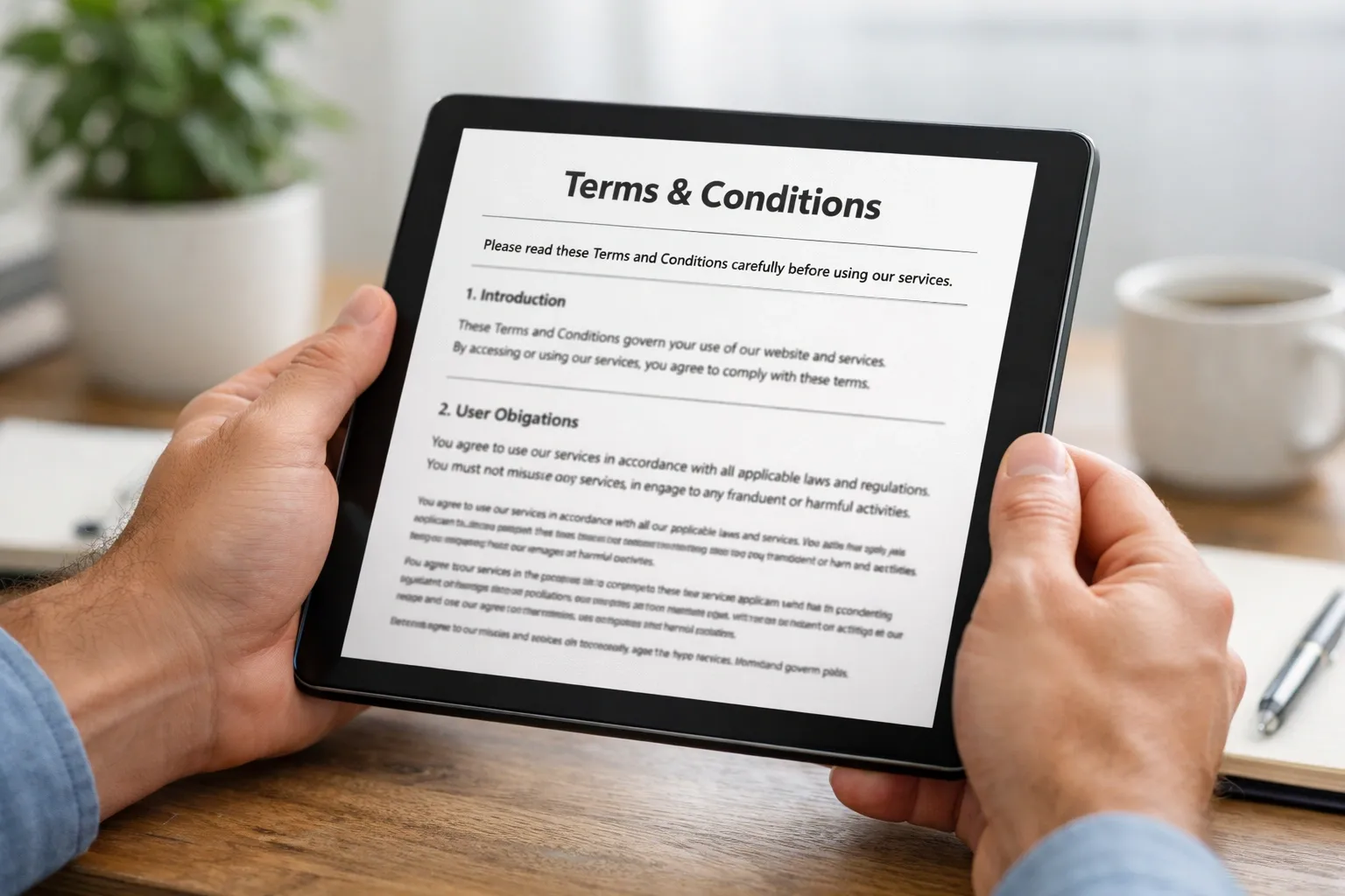 Personne lisant attentivement un document contractuel sur une tablette