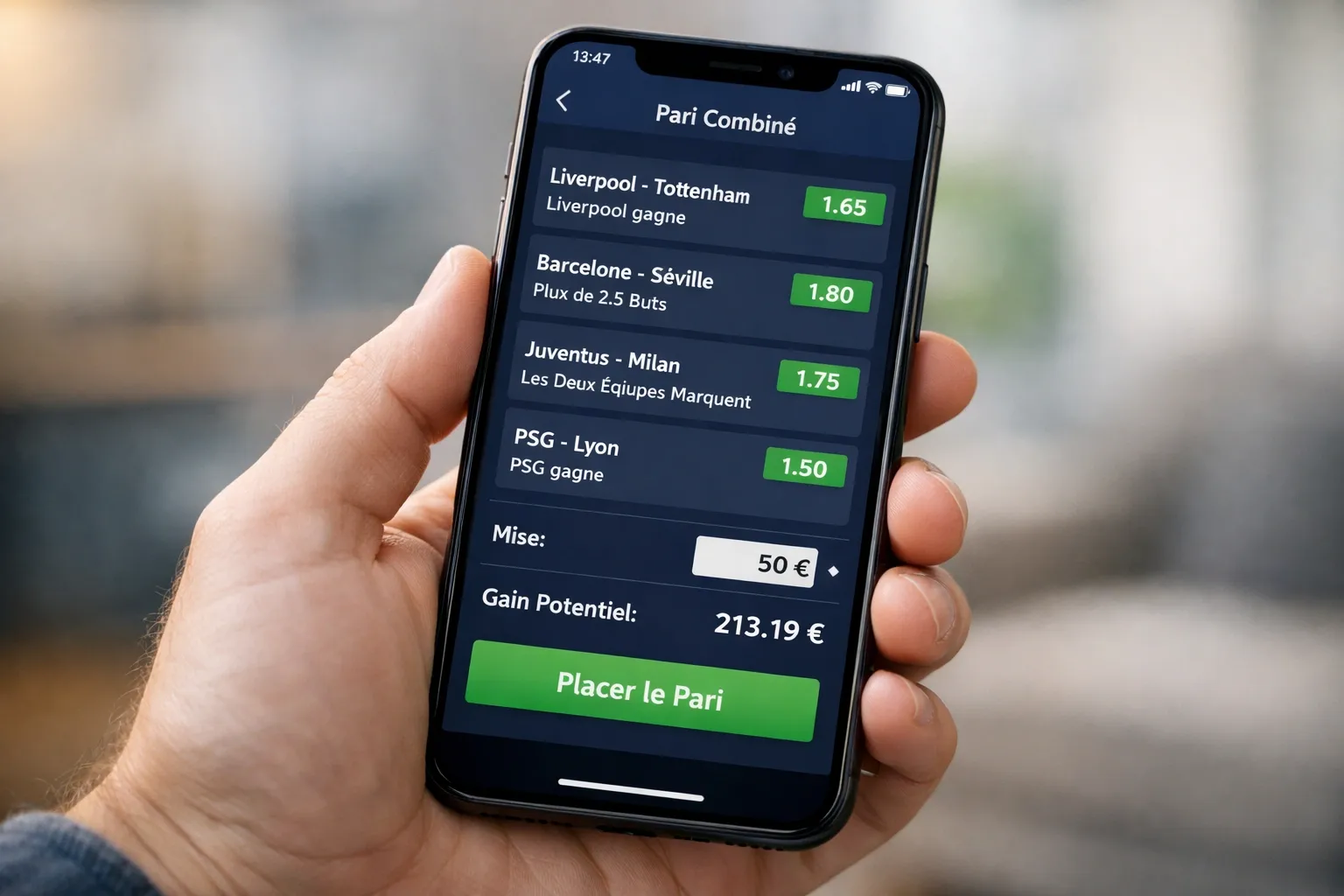 Interface de création de pari combiné avec plusieurs matchs sélectionnés