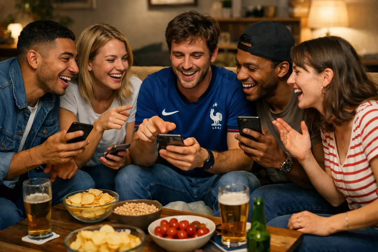 Groupe d'amis enthousiastes réunis autour d'une table pour leurs pronostics