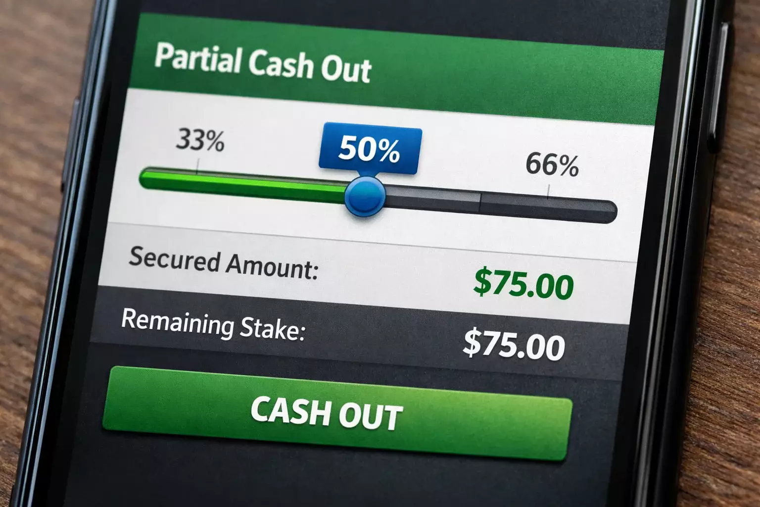 Interface de paris avec curseur de réglage pour cash out partiel