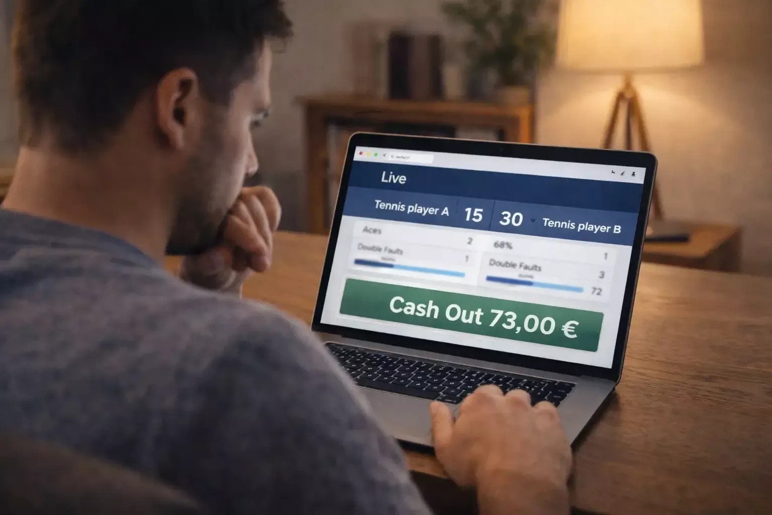 Parieur hésitant devant son écran montrant un match de tennis serré