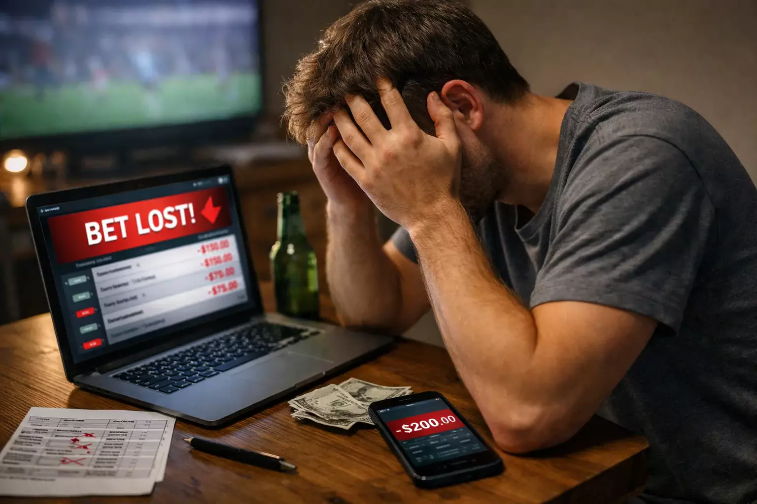 Parieur frustré devant ses erreurs de débutant aux paris sportifs