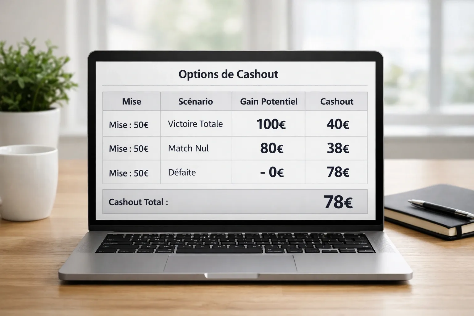 Écran montrant des calculs de gains avec différents scénarios de cash out partiel