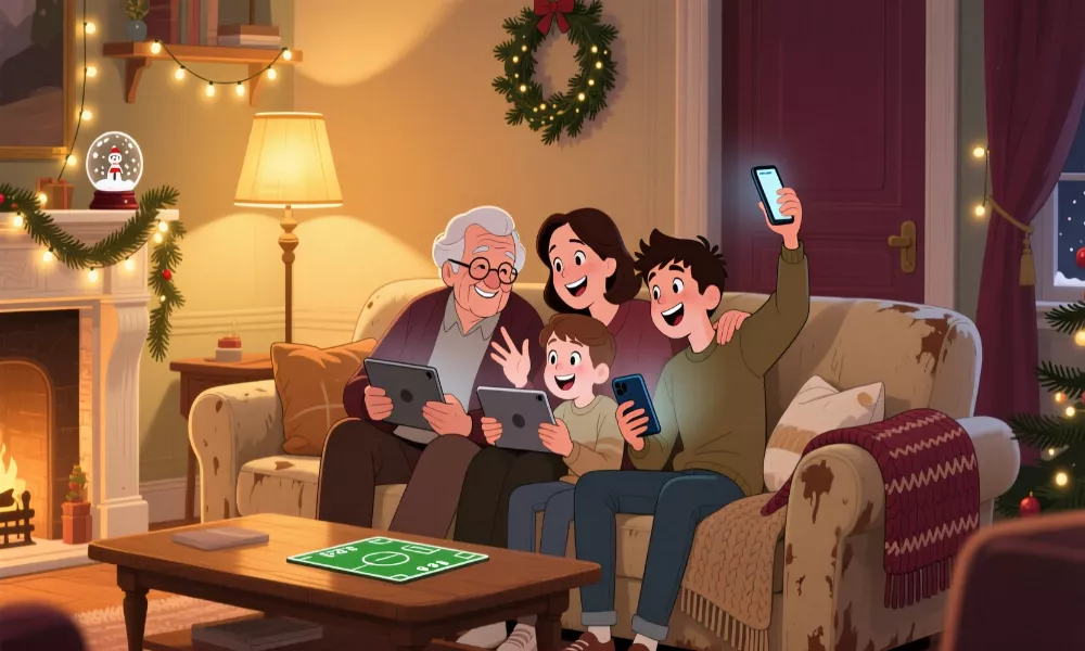 Famille multigénérationnelle faisant des pronos football ensemble sur le canapé