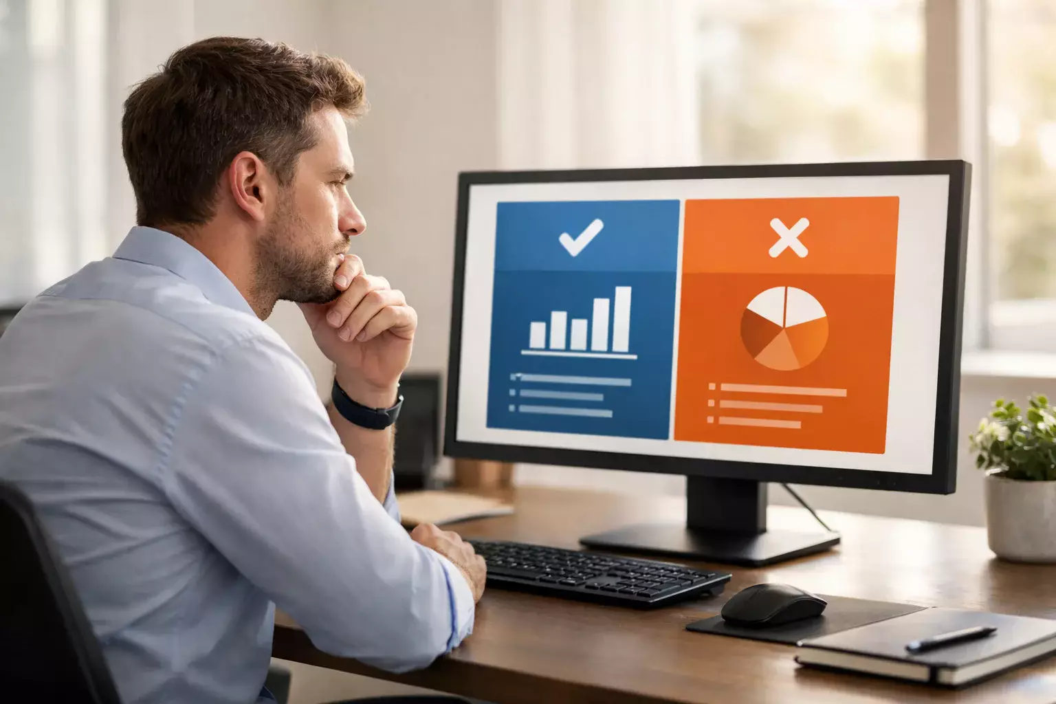 Parieur réfléchissant devant deux options de bonus affichées sur un écran d'ordinateur