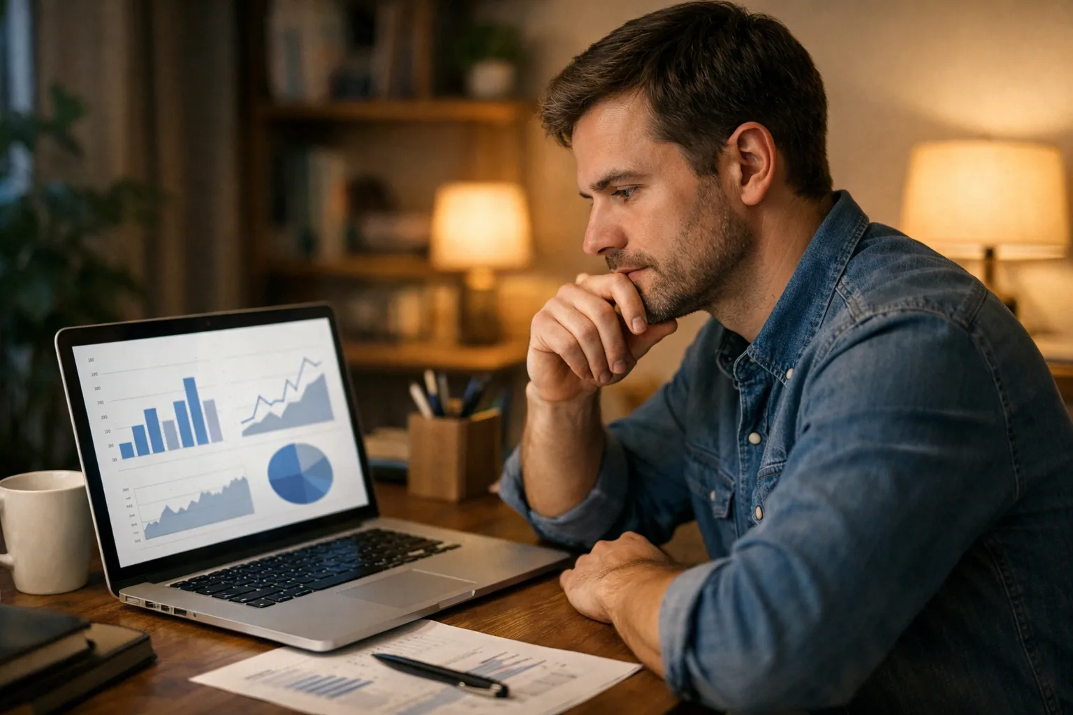 Personne gérant son budget de paris de manière réfléchie devant un ordinateur