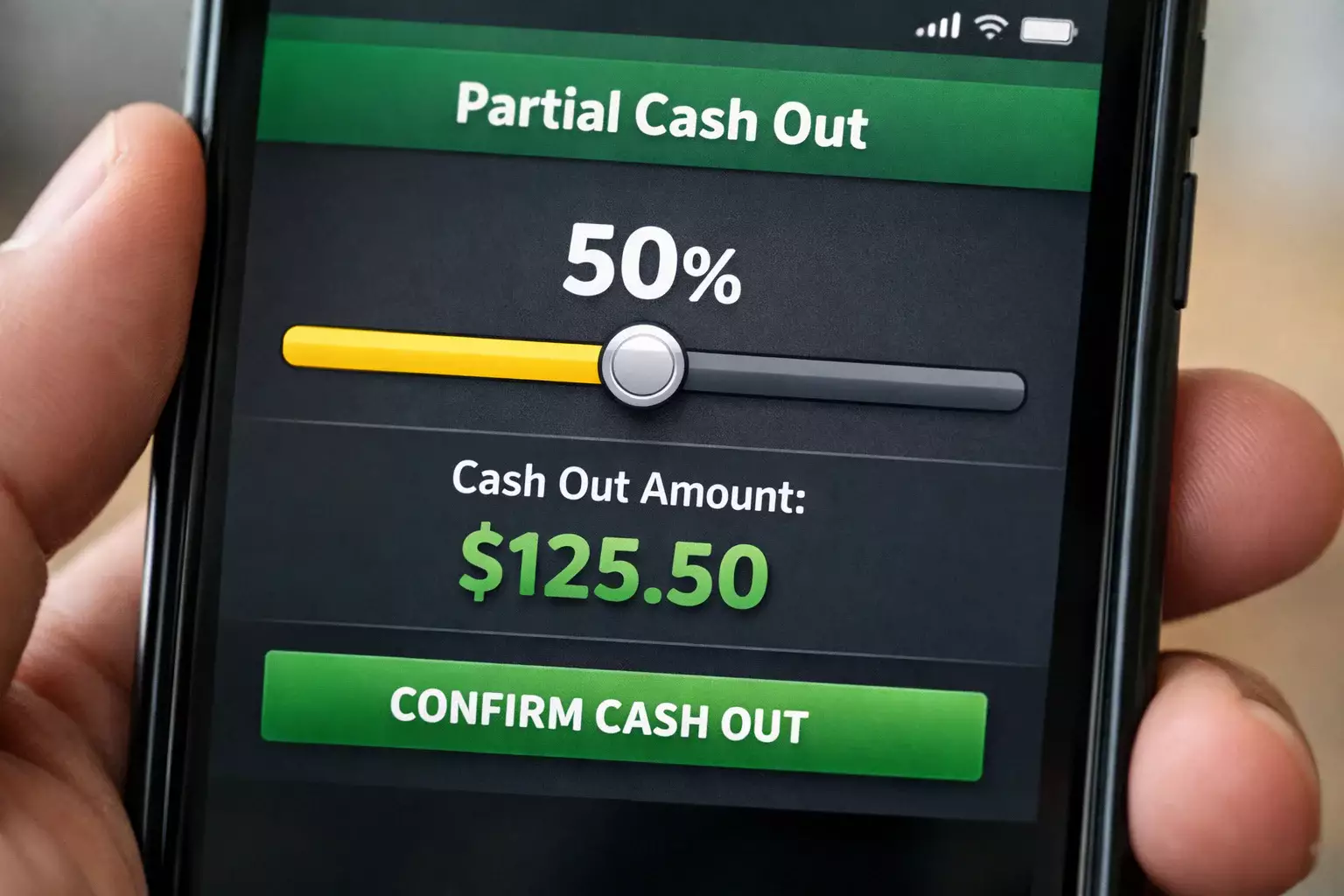 Interface mobile montrant un curseur de réglage pour cash out partiel