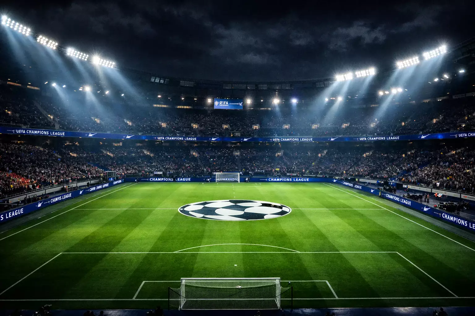 Stade illuminé pour une soirée de Ligue des Champions