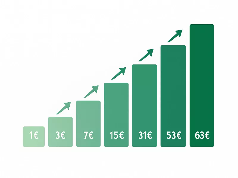 Infographie montrant les 6 paliers de mise progressifs de 1€ à 63€ avec flèches de progression