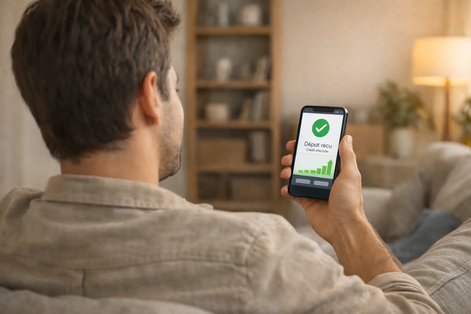 Parieur satisfait consultant son application bancaire après un retrait rapide