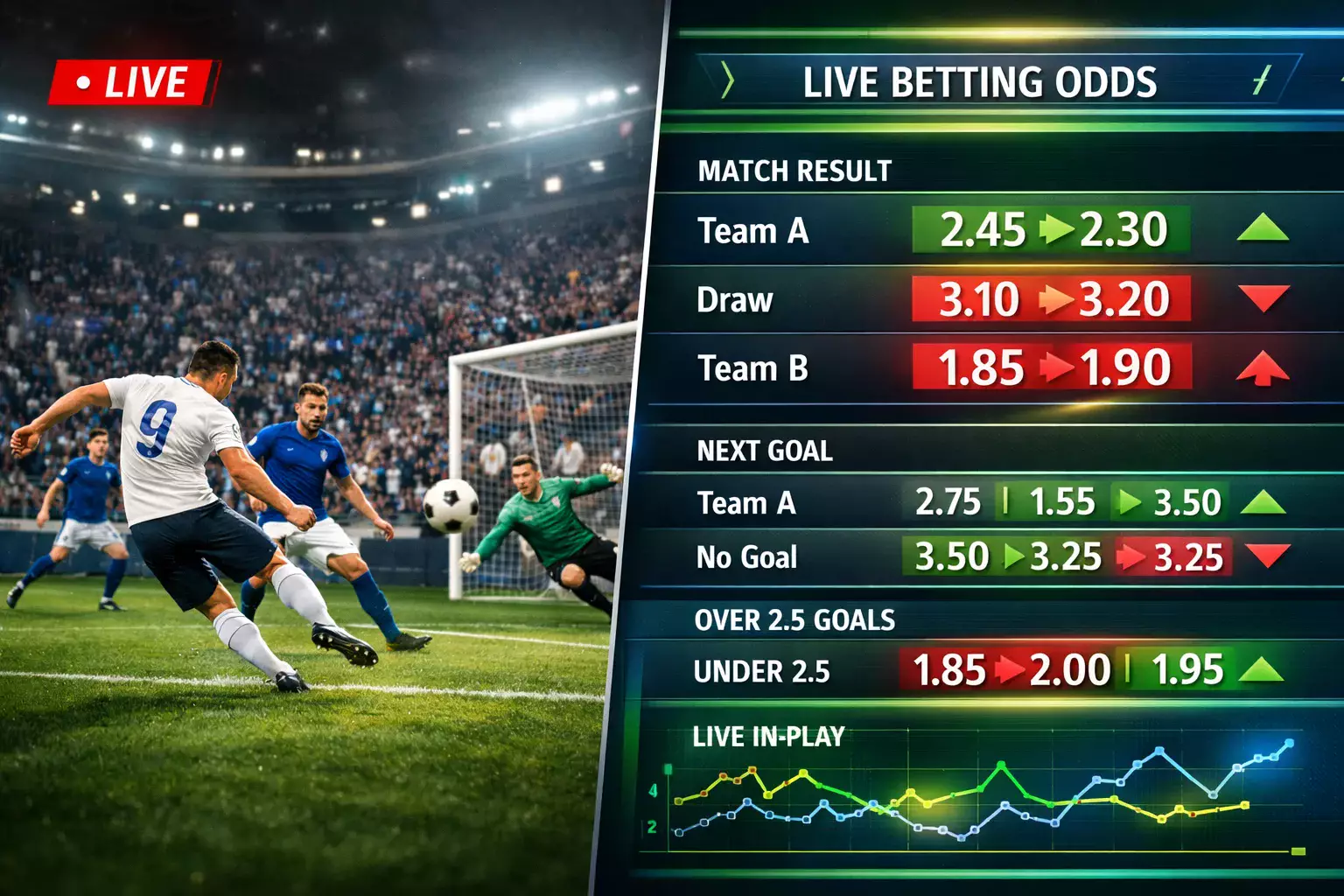 Écran montrant les cotes en direct évoluant pendant un match de football