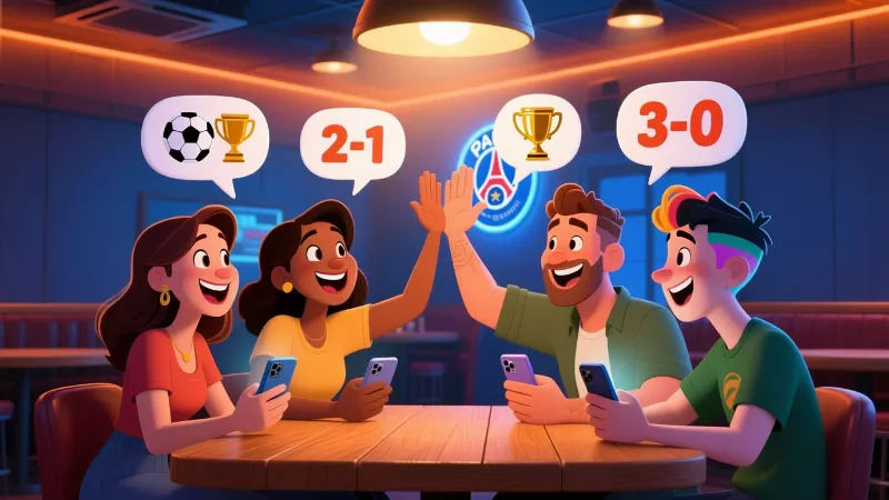 Groupe d'amis partageant des pronostics sportifs sur smartphones dans une ambiance conviviale