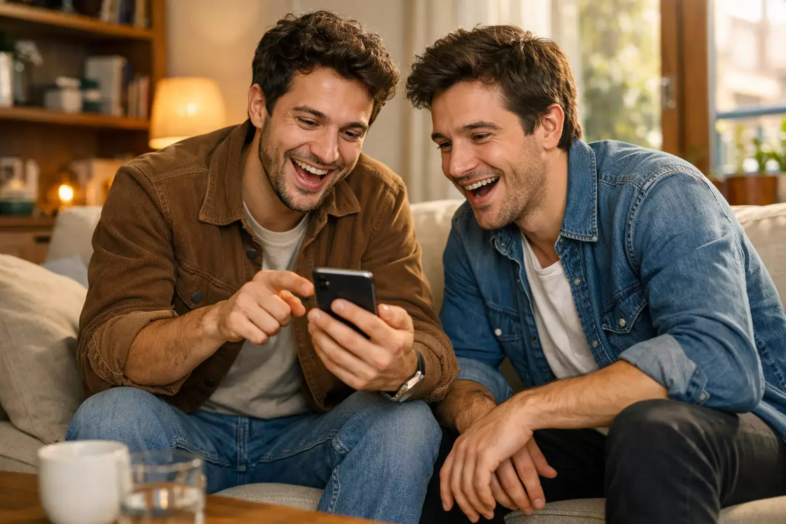 Deux amis partageant une expérience positive autour des paris sportifs sur smartphone