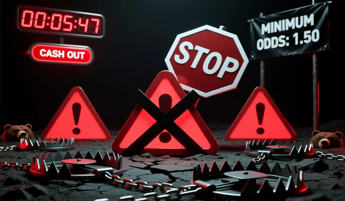 Illustration des pièges des bonus avec symboles d'avertissement et signaux de danger