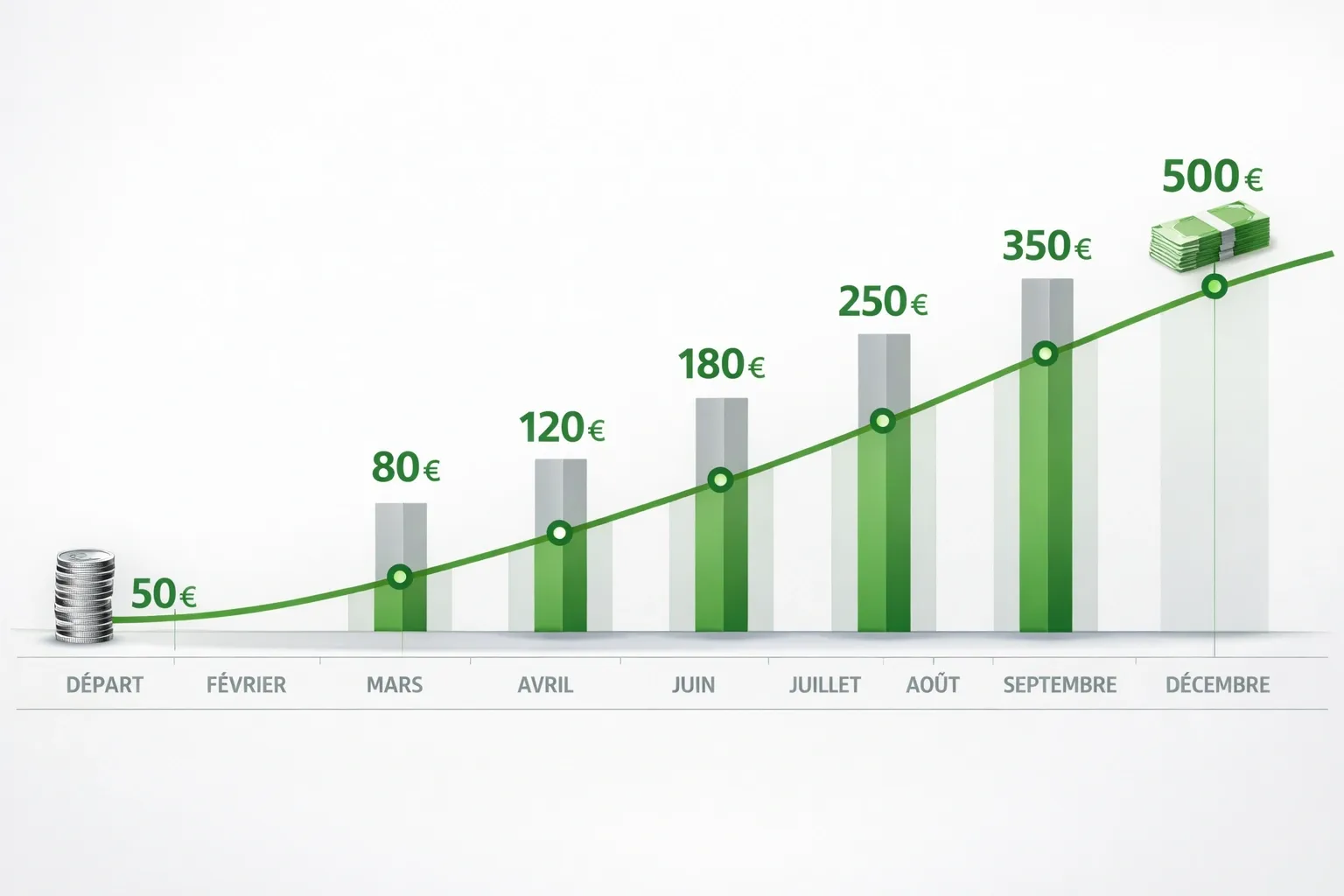 Calendrier 12 mois avec progression de bankroll de 50€ à 500€