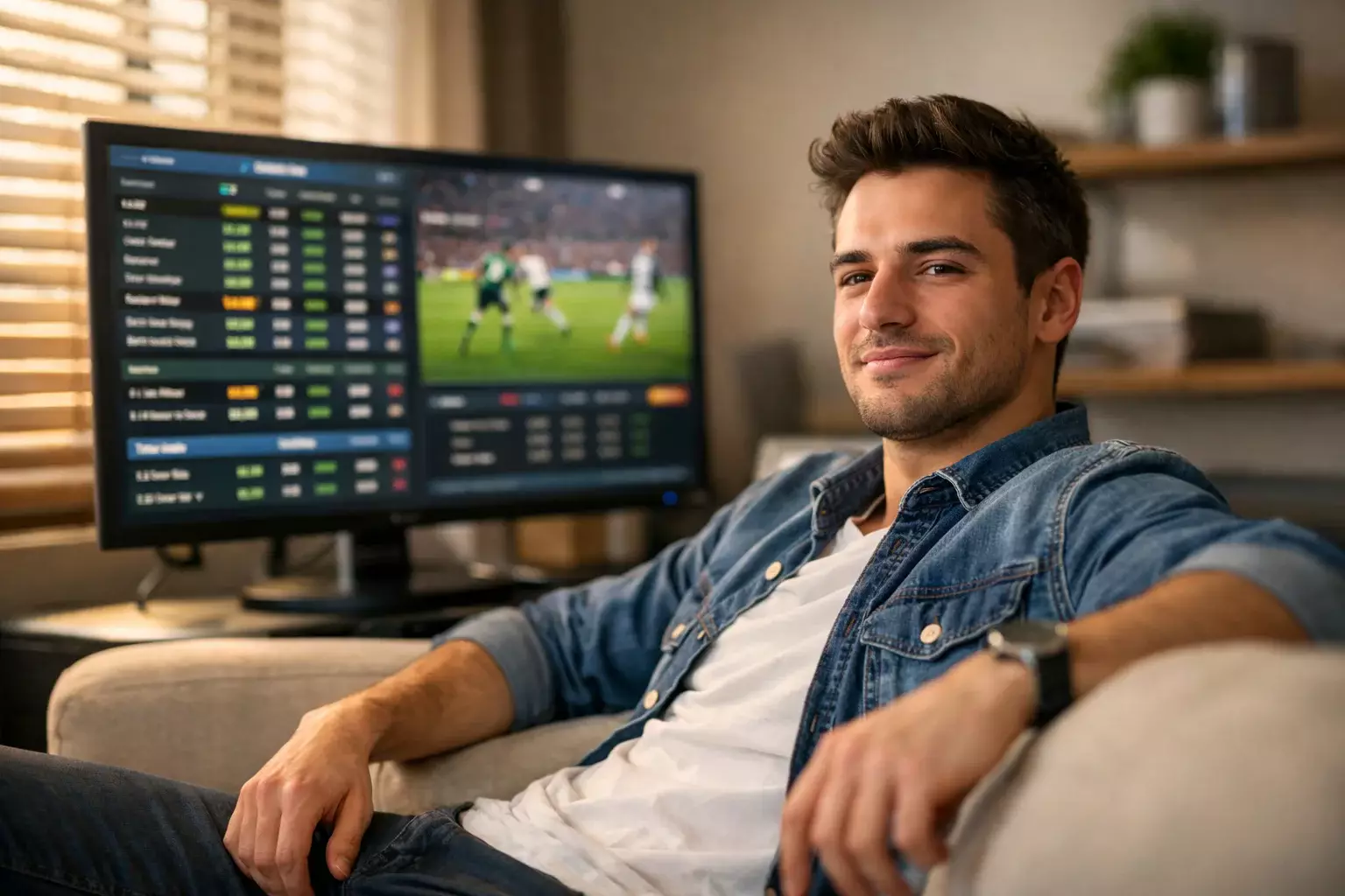 Parieur confiant devant un écran affichant des cotes sportives dans un salon moderne