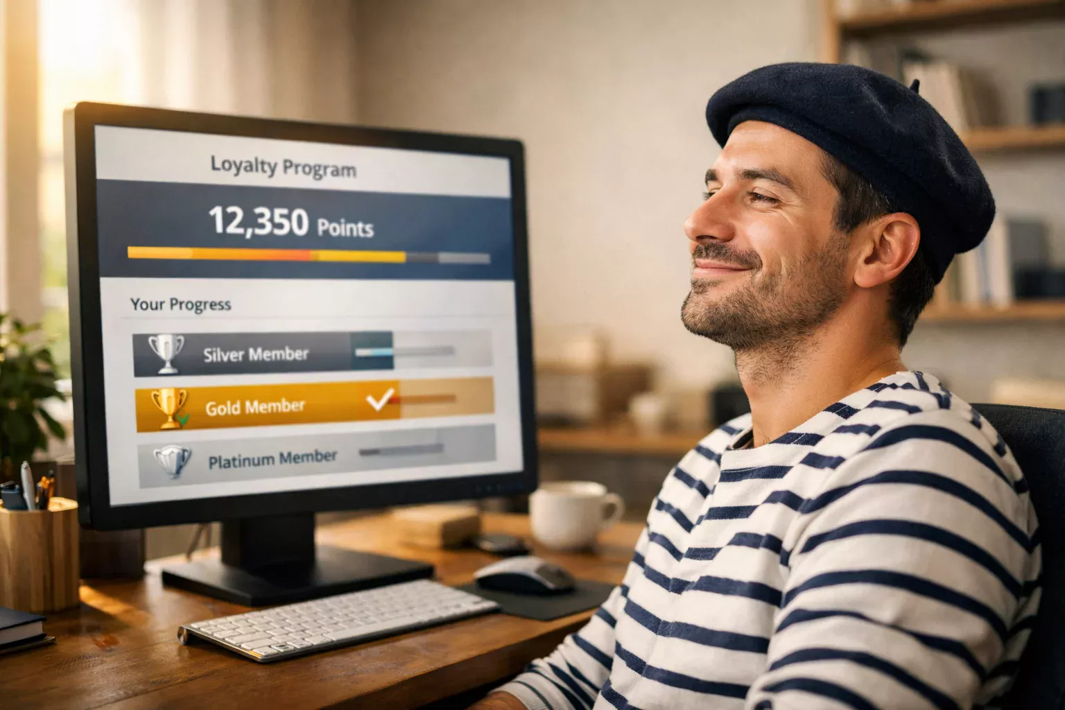 Parieur satisfait consultant son compte de points de fidélité sur son ordinateur