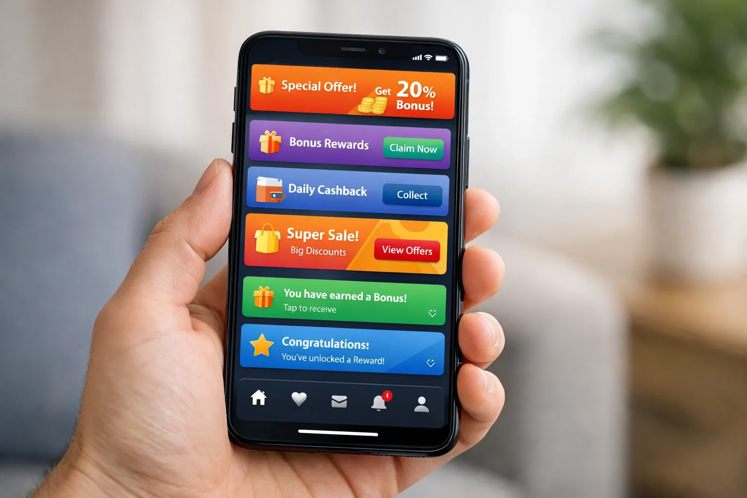 Interface d'application mobile affichant des offres promotionnelles variées