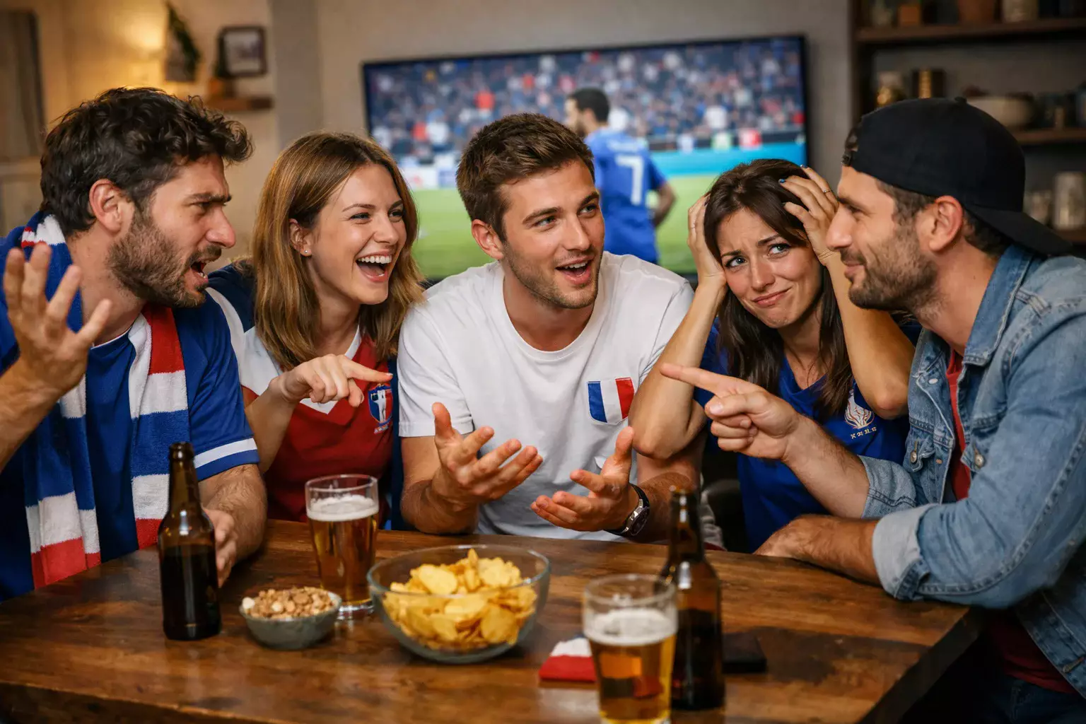 Groupe d'amis discutant de leurs pronostics avec expressions animées