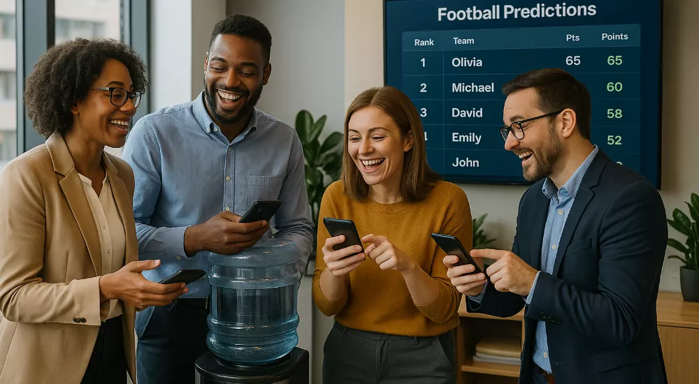 Collègues discutant de leurs pronos football autour de la machine à café