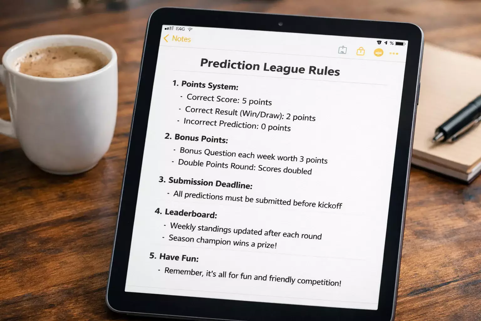 Document montrant les règles d'une ligue de pronostics entre amis