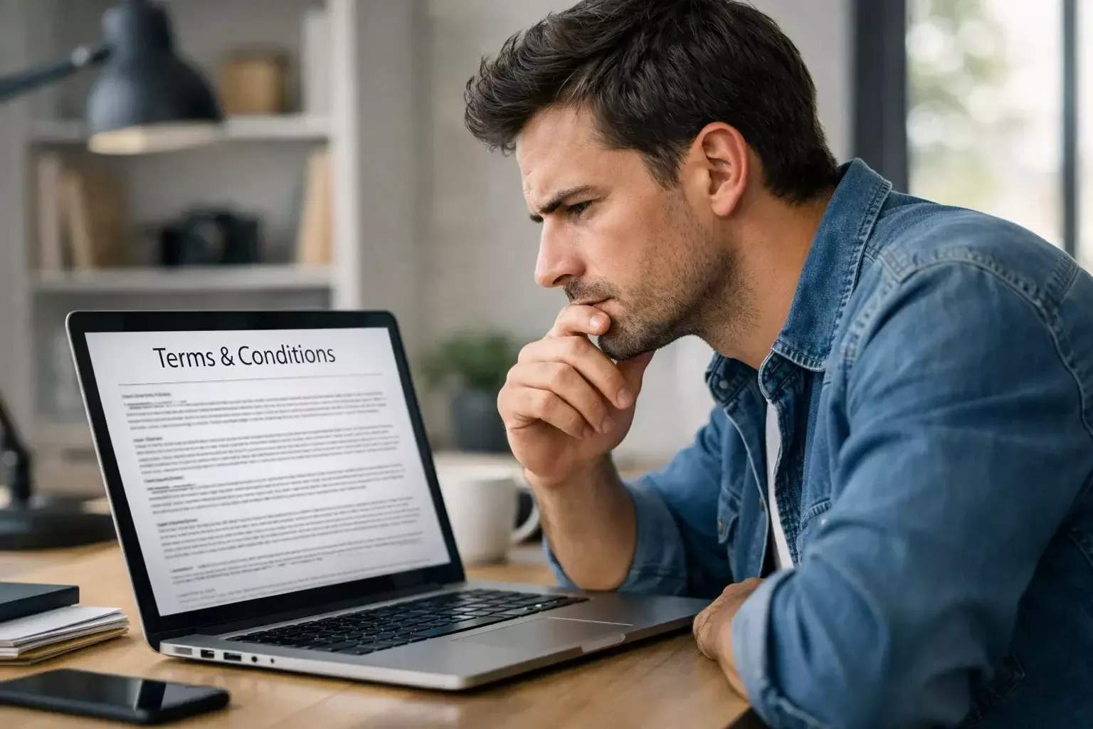 Parieur attentif lisant les conditions générales d'un bonus sur son écran