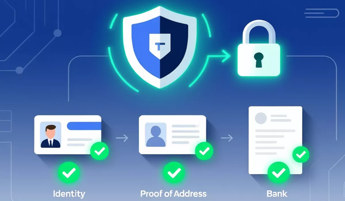 Illustration sur le thème de la sécurité montrant le processus de vérification des documents KYC avec bouclier de protection