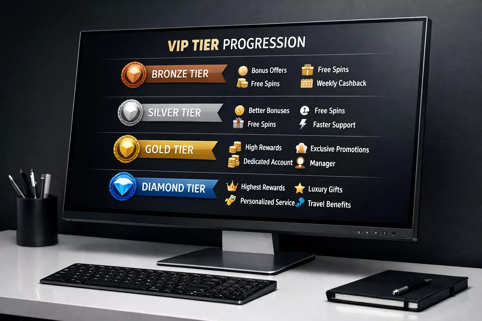 Écran montrant différents niveaux de statut VIP avec des avantages progressifs
