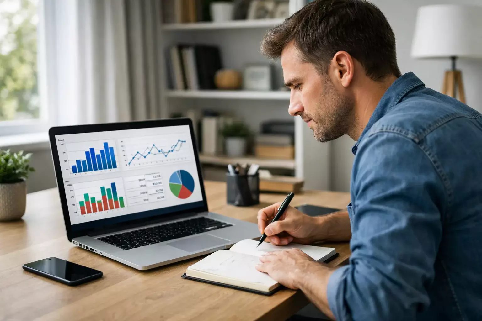 Homme analysant des statistiques sportives sur un ordinateur portable dans un bureau