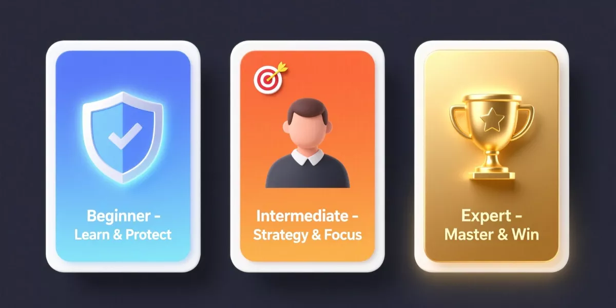 Illustration des trois profils de parieurs : débutant, intermédiaire et expert avec leurs stratégies