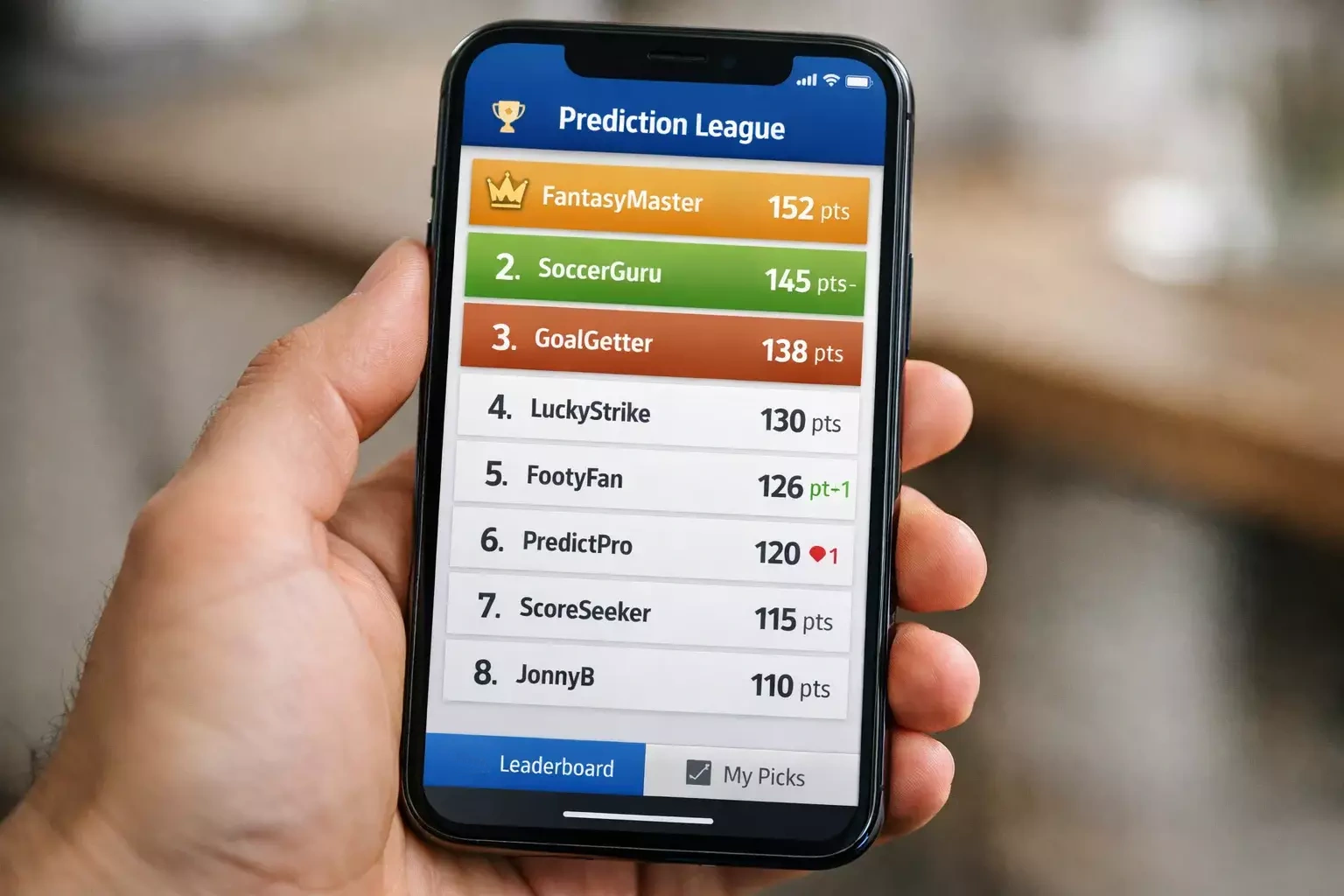Écran d'application montrant un tableau de classement de pronostics entre amis