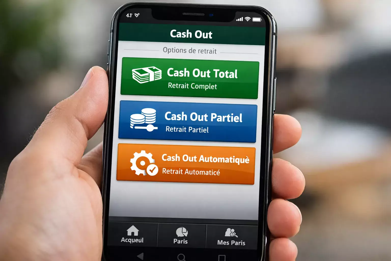 Interface de paris montrant les différentes options de cash out disponibles